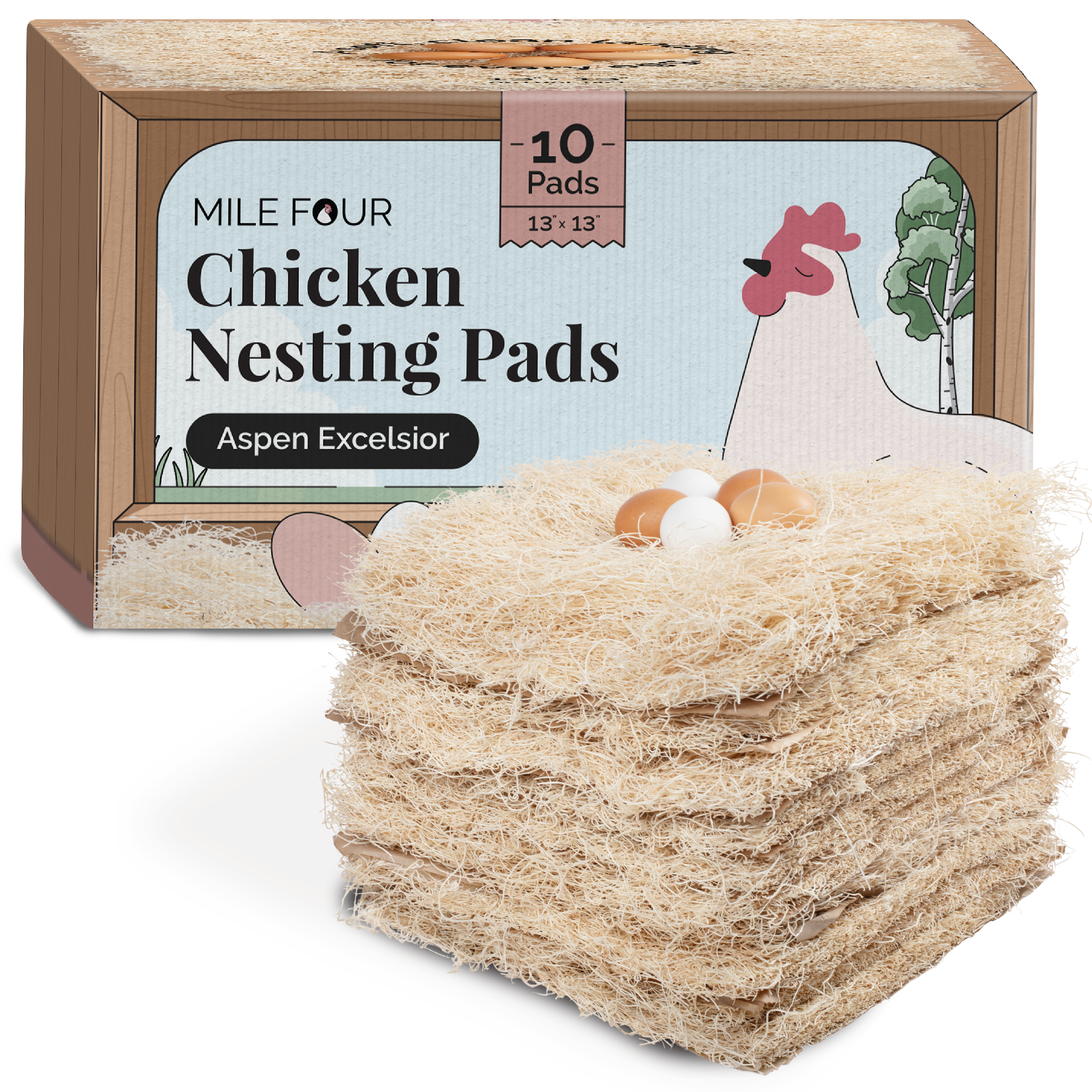 mile four chicken nesting pads, nesting pads, aspen bedding, nesting pads for chicken coop, nesting box pads, chicken coop bedding, chicken nesting pads for laying eggs, nest box pads for chickens, aspen excelsior, aspen shavings pet bedding, 10 pads