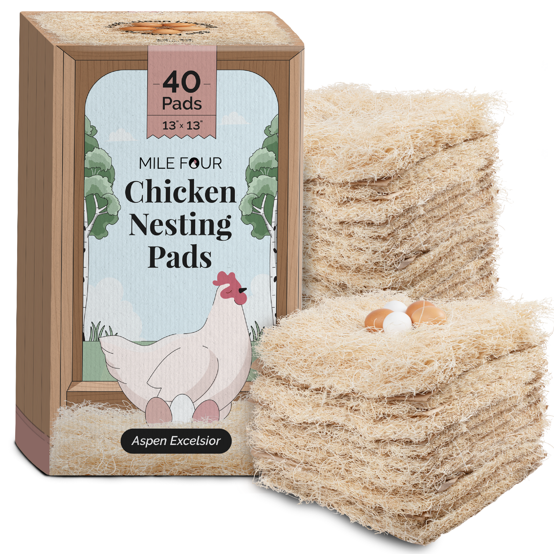 mile four chicken nesting pads, nesting pads, aspen bedding, nesting pads for chicken coop, nesting box pads, chicken coop bedding, chicken nesting pads for laying eggs, nest box pads for chickens, aspen excelsior, aspen shavings pet bedding, 40 pads