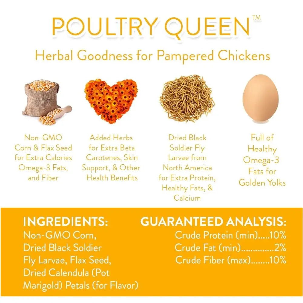 Pampered Chicken Mama Non-GMO corn, flax, herbs, and protein-rich mealworms for poultry chickens layer hens