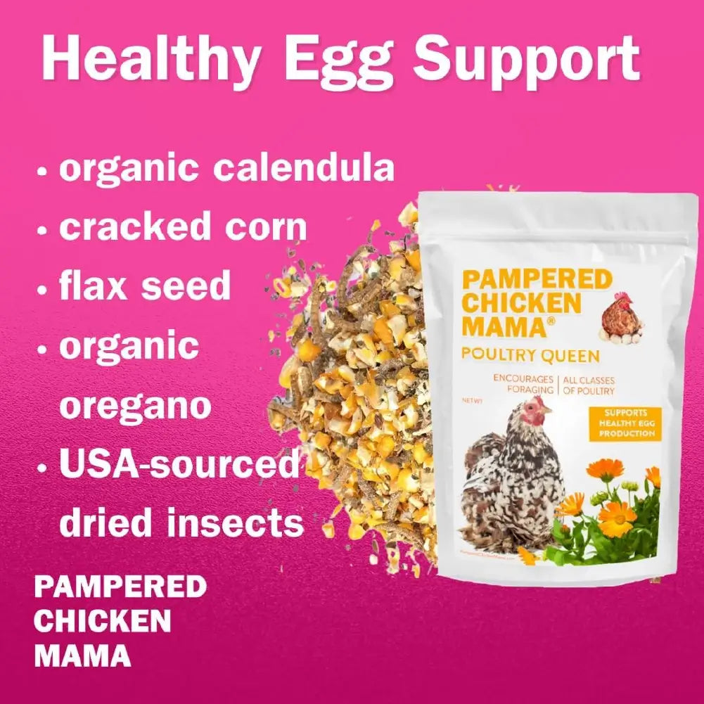 Pampered Chicken Mama Non-GMO corn, flax, herbs, and protein-rich mealworms for poultry chickens layer hens