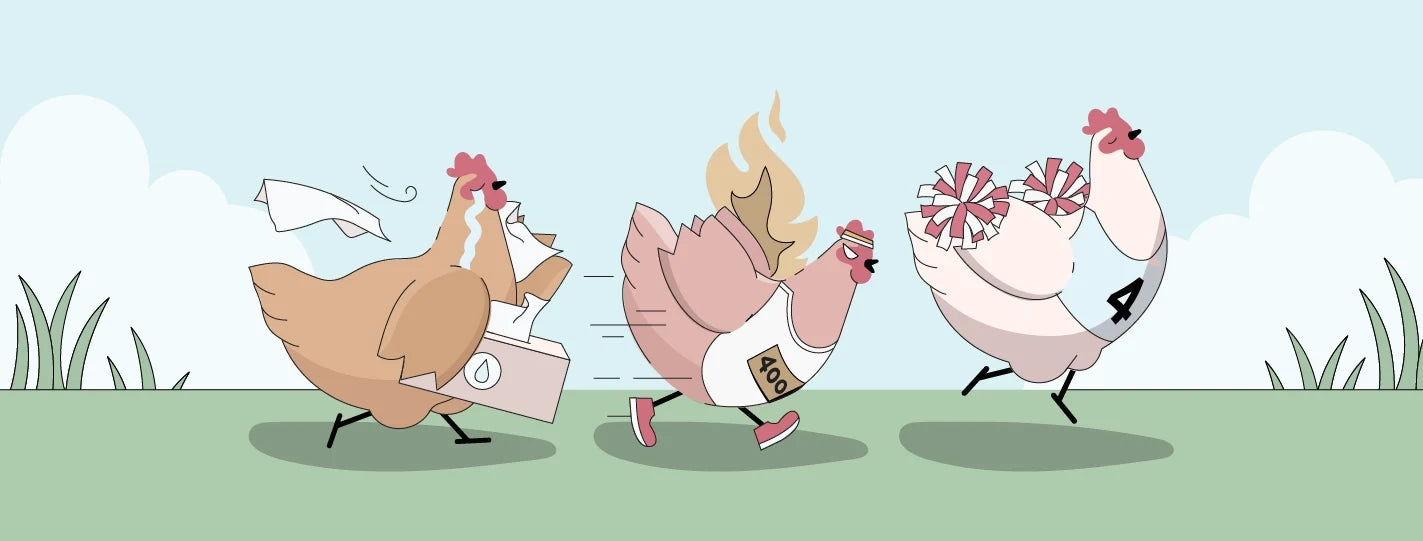 illustration of a chicken crying, angry chicken and cheerleader chicken