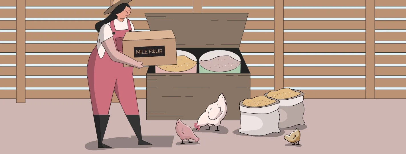 Illustration of a woman carrying a box with chicken feed storage in the background