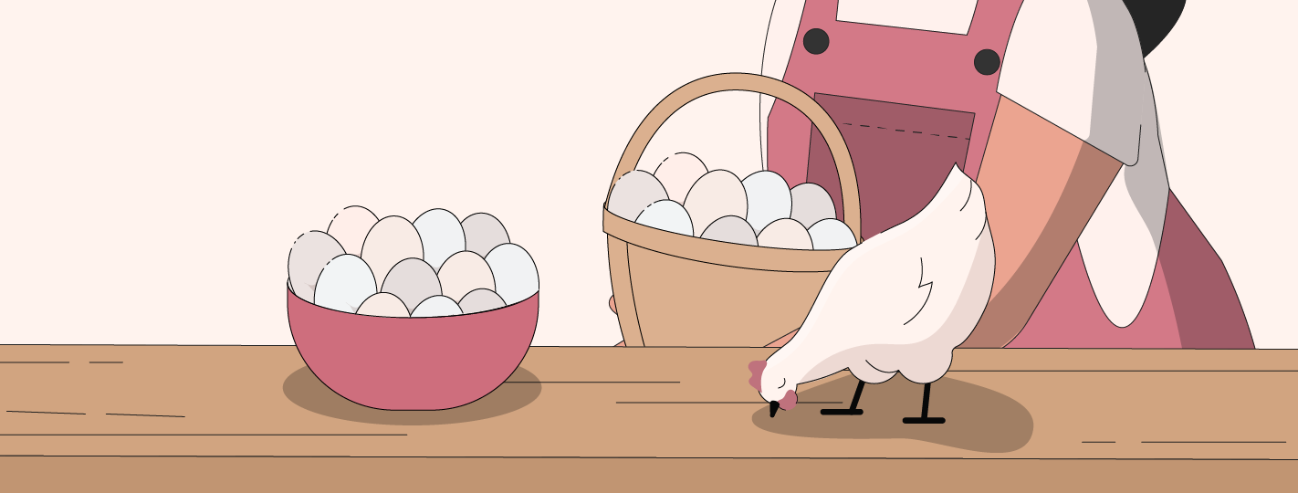 Illustration of eggs in a bowl on a table and a woman carrying a basket of eggs