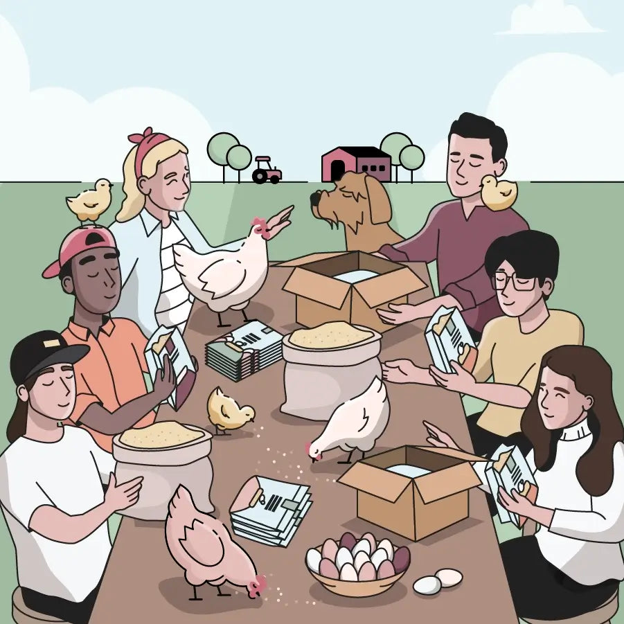 Illustration of a group of people and animals around a table with various items, including chickens and pigs.