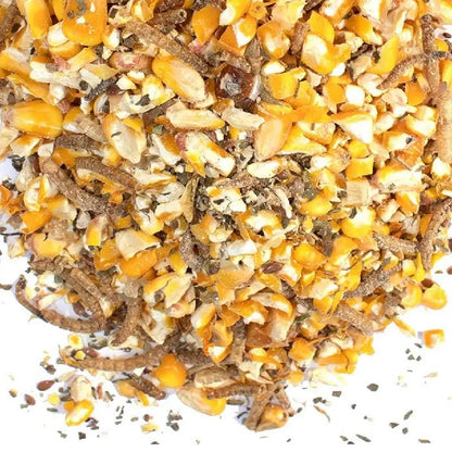 Pampered Chicken Mama Non-GMO corn, flax, herbs, and protein-rich mealworms for poultry chickens layer hens