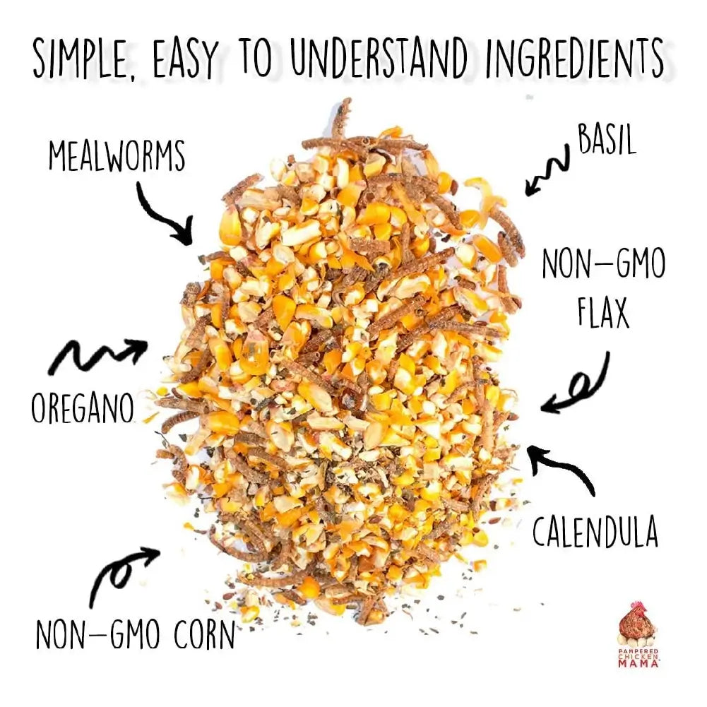 Pampered Chicken Mama Non-GMO corn, flax, herbs, and protein-rich mealworms for poultry chickens layer hens