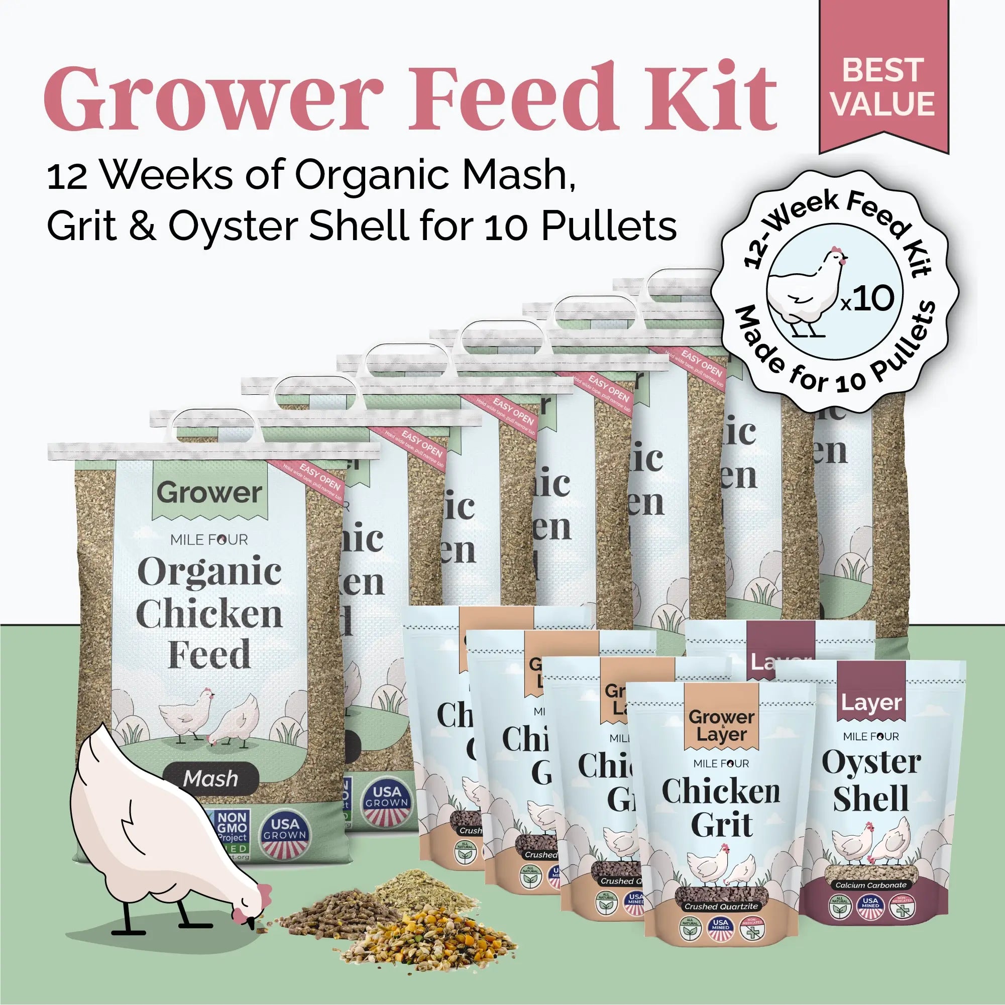 Mile Four Organic Grower Bundle Mash, Grower Feed Kit 