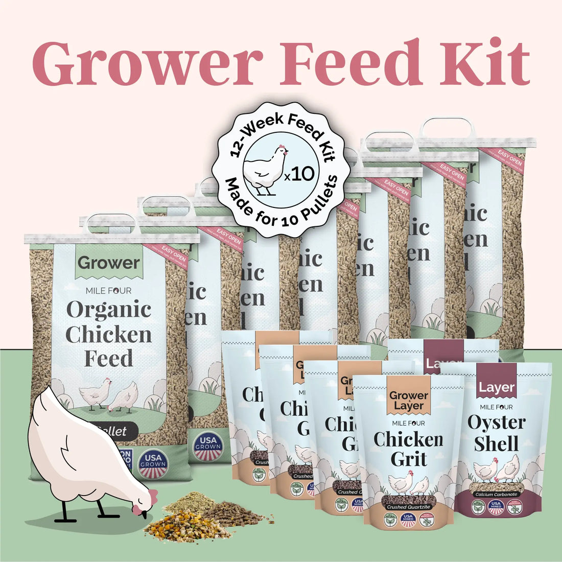 Grower Chicken Feed Kit, Chicken Feed Kit, Chicken Kit, Organic Feed Kit, Month Supply of Chicken Feed, Grit, Scratch, Oyster Shell, Chicken Feed Bundle, Best Chicken Feed