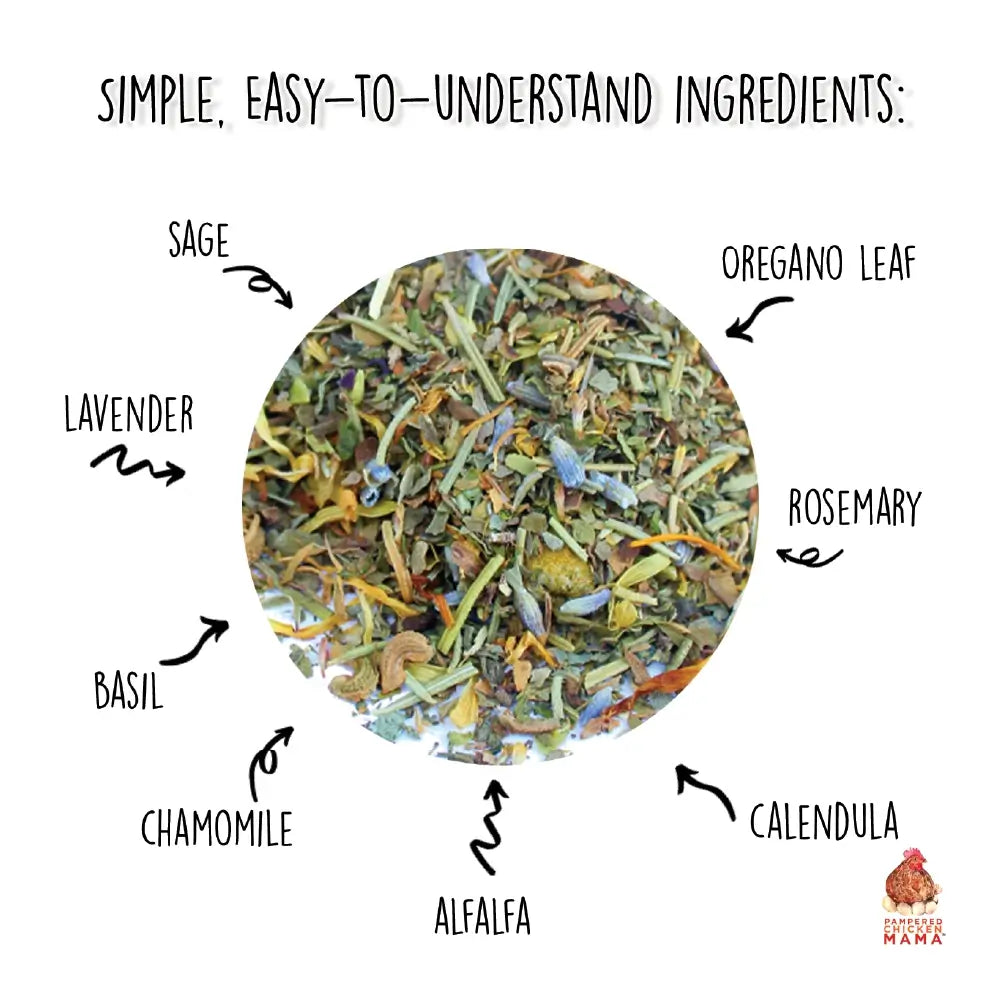 Pampered Chicken Mama organic nesting herbs packaging with dried flowers on a white background