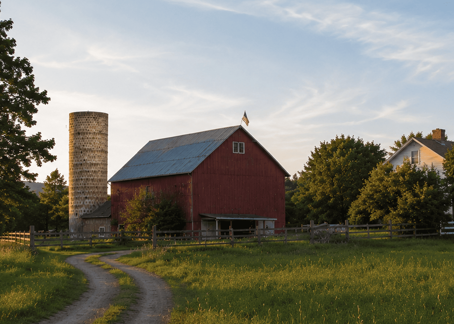 A red barn with a gray metal roof stands beside a stone silo on a rural farm, with a dirt path in the foreground, green grass, trees, and a blue sky with light clouds.