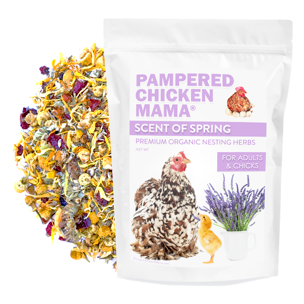 Pampered Chicken Mama organic nesting herbs packaging with dried flowers on a white background